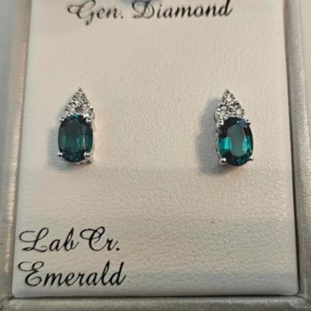 Sterling Silver Emerald and Diamond Accent‎ Earrings NIB